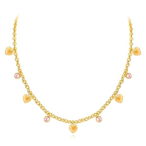 Gold Heart Charm Necklace for Women 14K Gold Plated Dainty Pink Round Cubic Zirconia Pendant Heart Choker Necklace Cute Love Heart Statement Necklace Adjustable Trendy Party Jewelry Gift for Women | Amazon (US)