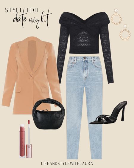 OOTD - Date night edition 
Nude blazer, high rise jeans, black lace long sleeve top, black evening heels, casual style, dinner date outfit 

#LTKSeasonal #LTKstyletip #LTKshoecrush