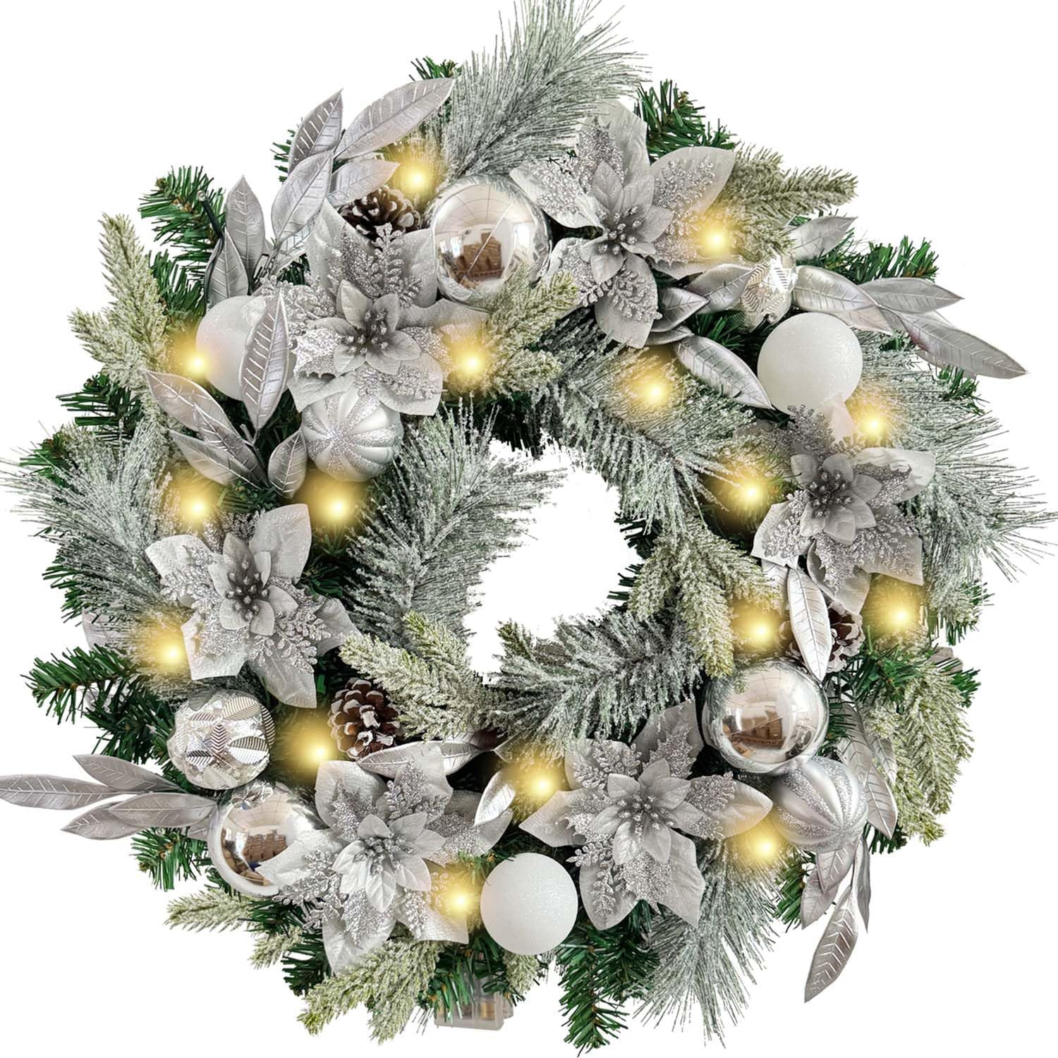 WANNA-CUL Pre-Lit 24 Inch Lighted Christmas Wreath for Front Door Decor with Silver White Christm... | Amazon (US)