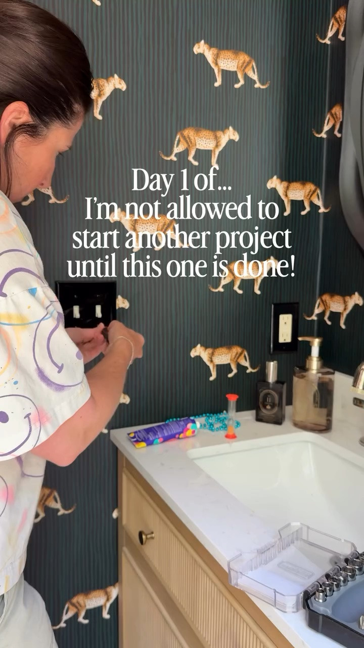 Today’s lesson: not every Pinterest-worthy idea actually works in real life. I tried wallpapering the switch plate covers in our powder bath. The corners refused to cooperate. So I scrapped the plan and ordered fancy brass covers instead. 😭 

I’m off to go order more details for this project! 🏃‍♀️ See ya next time for day 2! 

powder bathroom | bathroom renovation diary | wallpaper fails | brass hardware | small bathroom design