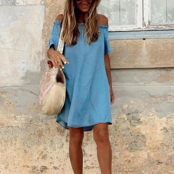 Spring And Summer Off-shoulder Ruffled Sleeve Denim Dress Women's Clothing - Walmart.com | Walmart (US)