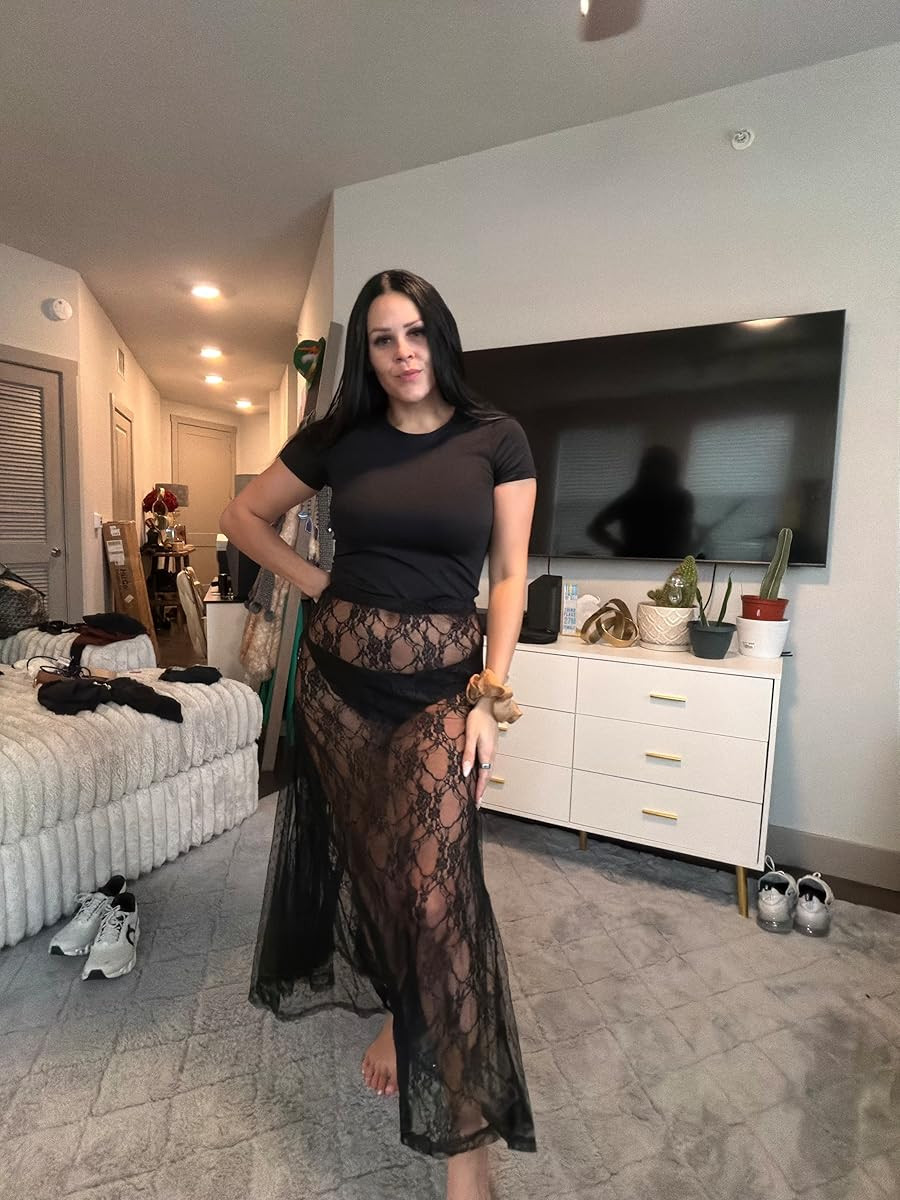Loving this sheer black lace maxi skirt layered over simple bikini bottoms and a black t-shirt. Effortlessly edgy! #LTKEdgyStyle #LaceSkirt #SheerMaxi 

 #LTKHoliday #LTKdayinmylife #LTKootd