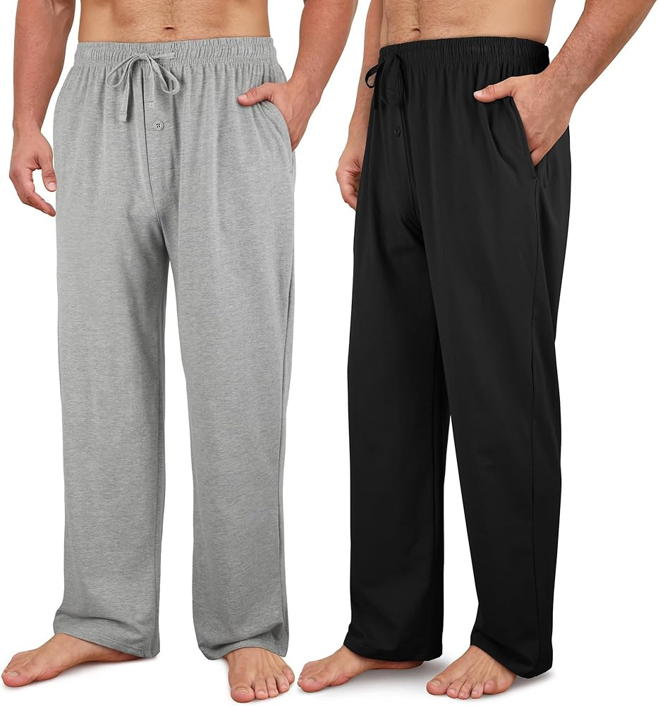 2 Pack Men's Cotton Pajama Pants Soft Sleep & Lounge Pj Bottoms with Pockets & Drawstring | Amazon (US)
