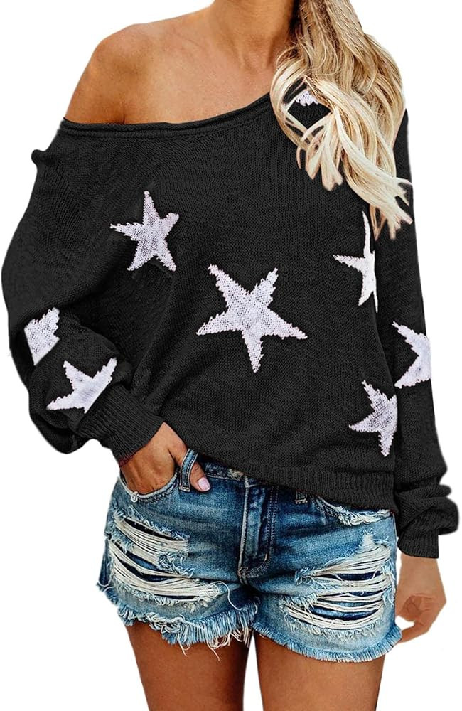 COCOLEGGINGS Women's Scoop Neck Long Sleeve Star Pullover Sweater Tunic Tops | Amazon (US)