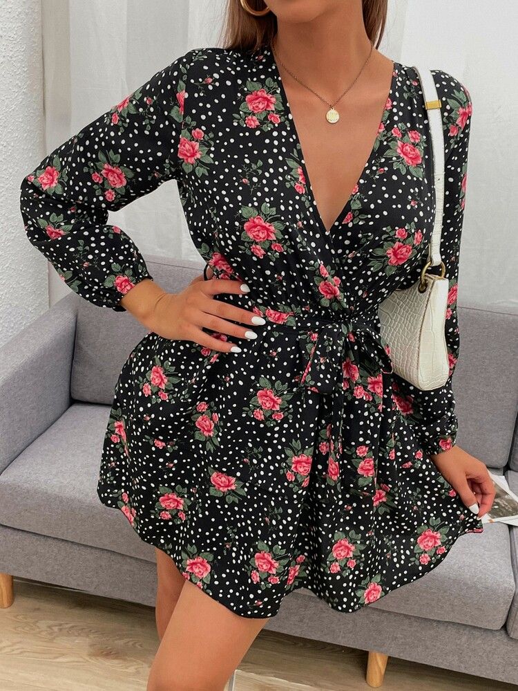 Flower Print Belted Surplice Neck Dress | SHEIN