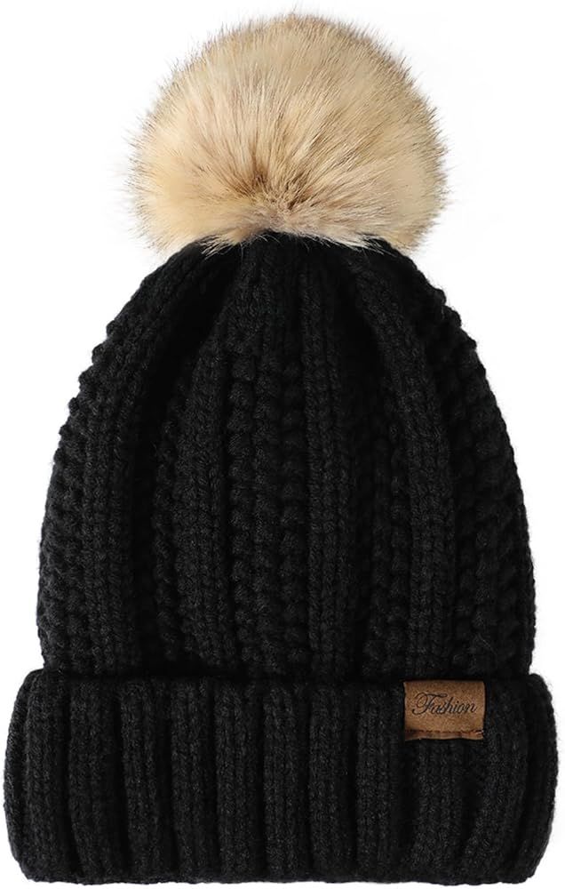 Pleneal Womens Winter Knit Beanie Hat with Faux Fur, Warm Skull Cap Beanies for Women Black | Amazon (US)