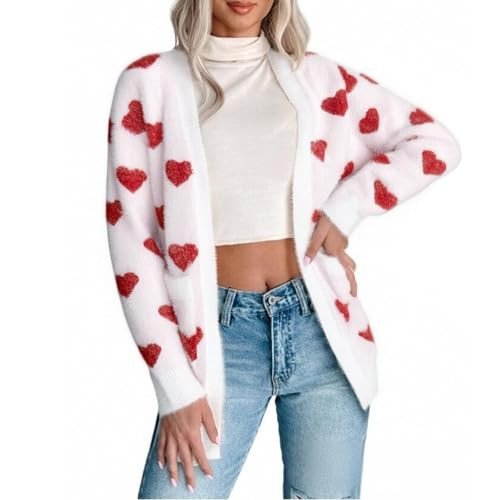Women's Heart Knit Cardigan Valentines Long Sleeve Open Front Knitted Sweater Fall Spring Coat Tops Outwear (White, XL) | Amazon (US)