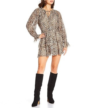 Lucy Paris Santino Leopard Print V-Neck Long Sleeve Mini Dress | Dillard's | Dillard's