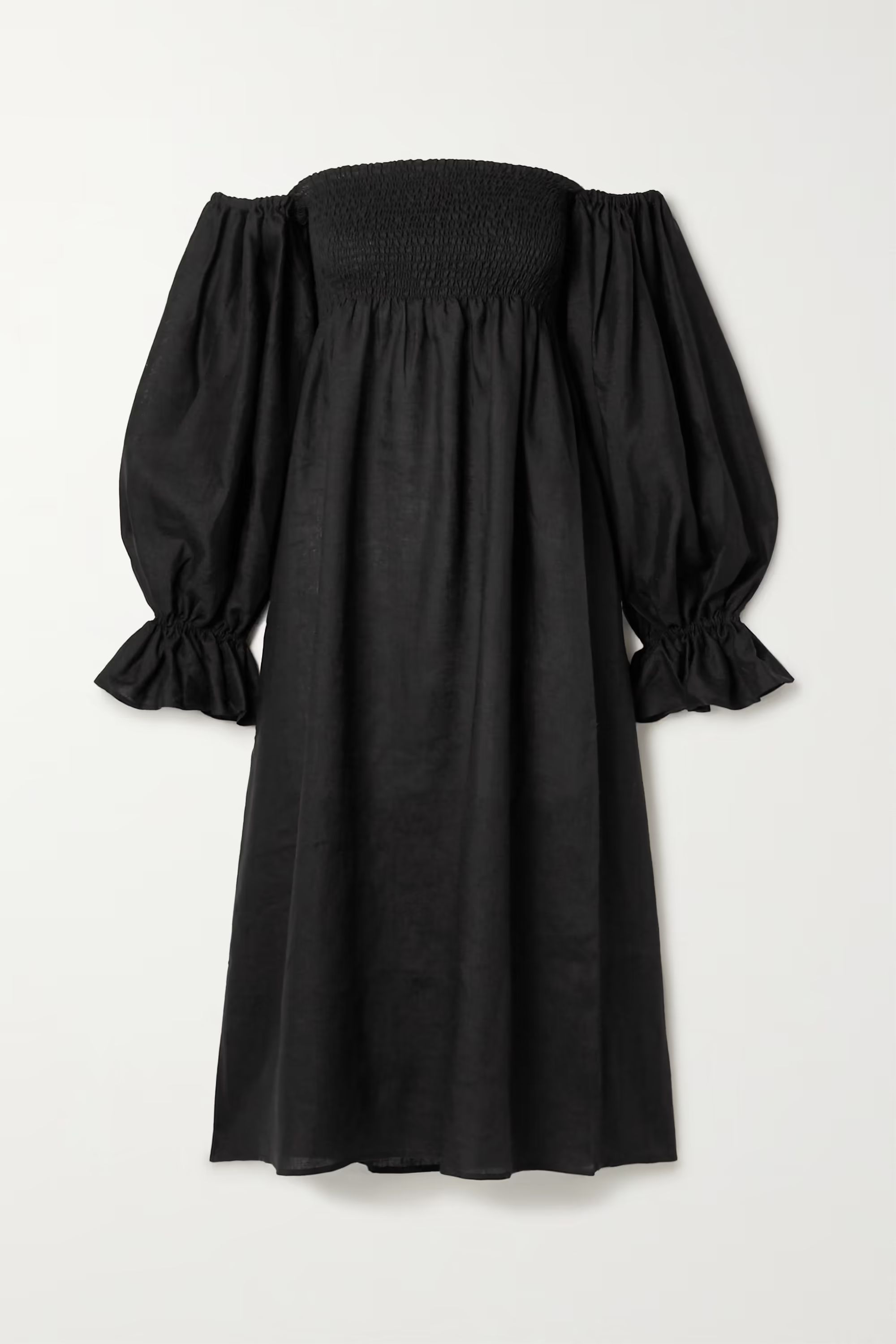 Atlanta off-the-shoulder shirred linen midi dress | NET-A-PORTER (US)