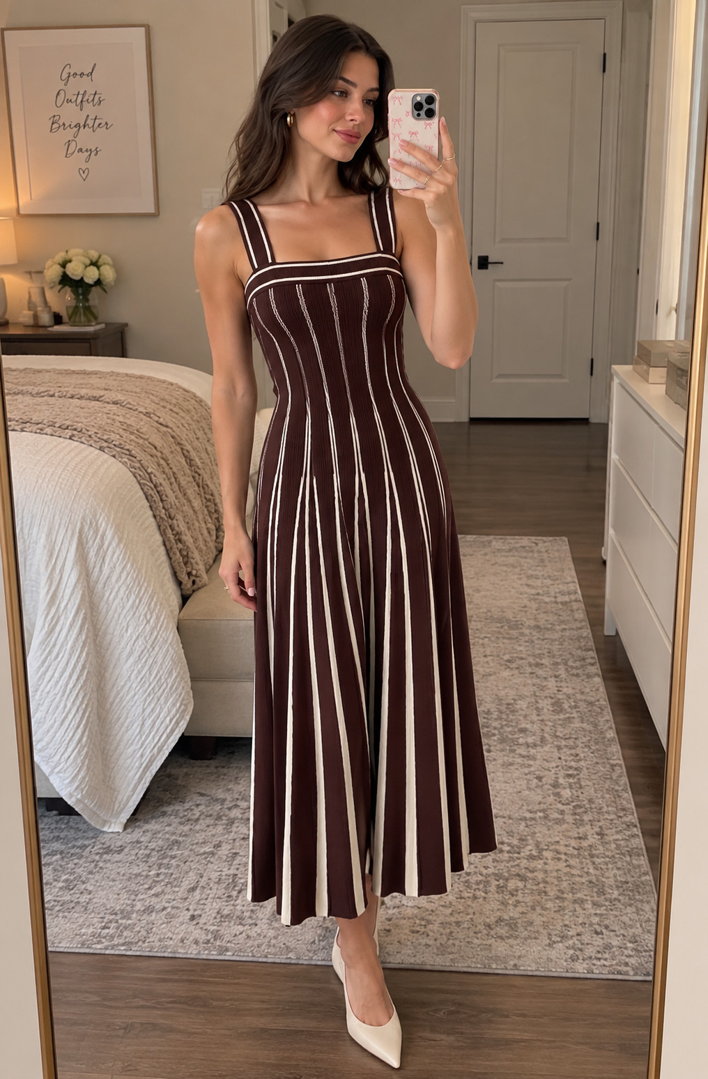 This chocolate-and-cream striped midi feels so polished for fall. The fitted bodice and flared skirt give it such a flattering shape, while the neutral color combo makes it easy to wear for brunch, dinner, work events, church, or a fall date.
#ASTRTheLabel #StripedDress #BrownDress #MidiDress #FallDress #FallOutfitIdeas #NeutralStyle #FallFashion #BrunchOutfit #AutumnOutfit 

 #LTKSeasonal #LTKU #LTKSaleAlert