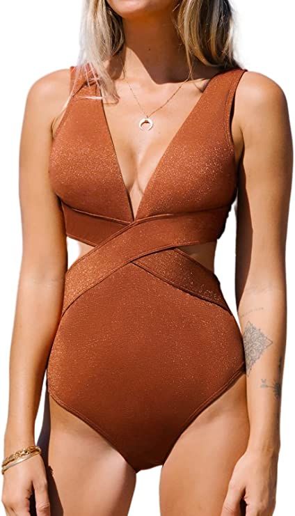 CUPSHE One Piece Swimsuit for Women Bathing Suit V Neck Cutout Sexy Swimwear Wide Straps Back Hoo... | Amazon (US)
