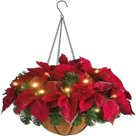 Artificial Christmas Hanging garland poinsettia cone Basket Colonial Style Decorated With Frosted garland poinsettia Cone Berry Cluster Lights Christmas Series Christmas Basket With Lights | Walmart (US)