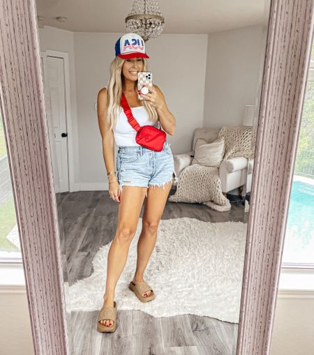 July 4th outfit. Bodysuit fits TTS, wearing medium. Sized up one size to 30 in the denim jeans. 4th of July. Memorial weekend. Red, white and blue. Belt bag. Summer fashion. Trucker hat. Lake outfit 

#LTKsalealert #LTKFind #LTKunder50