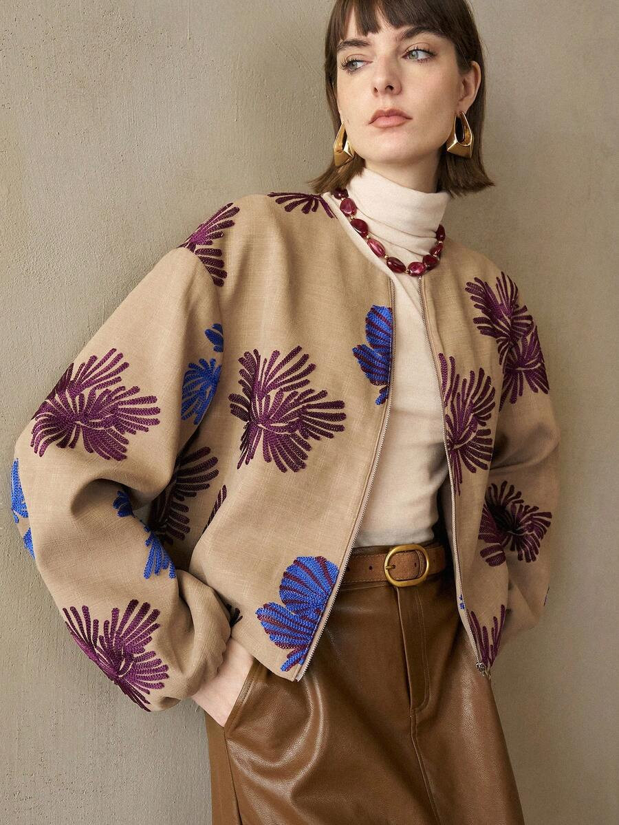 Arave Women's Embroidered Crew Neck Drawstring Hem Casual Commuter Jacket | SHEIN