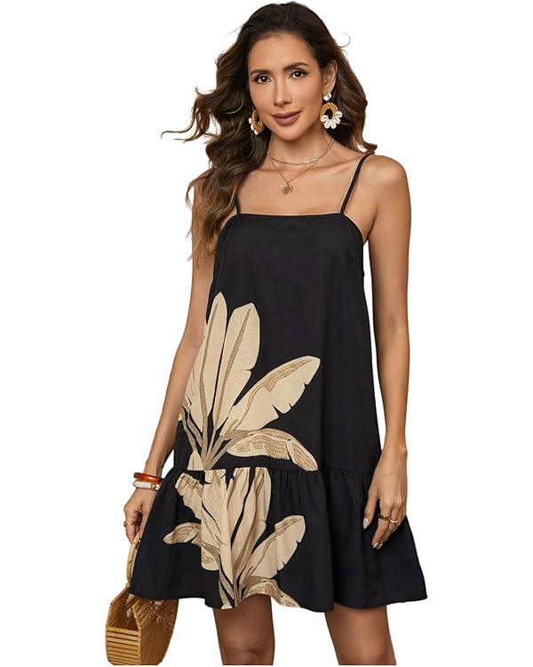 RoseSeek Women's Floral Boho Flowy Mini Cami Dress Ruffle Hem Spaghetti Strap Vacation Tank Dress... | Amazon (US)