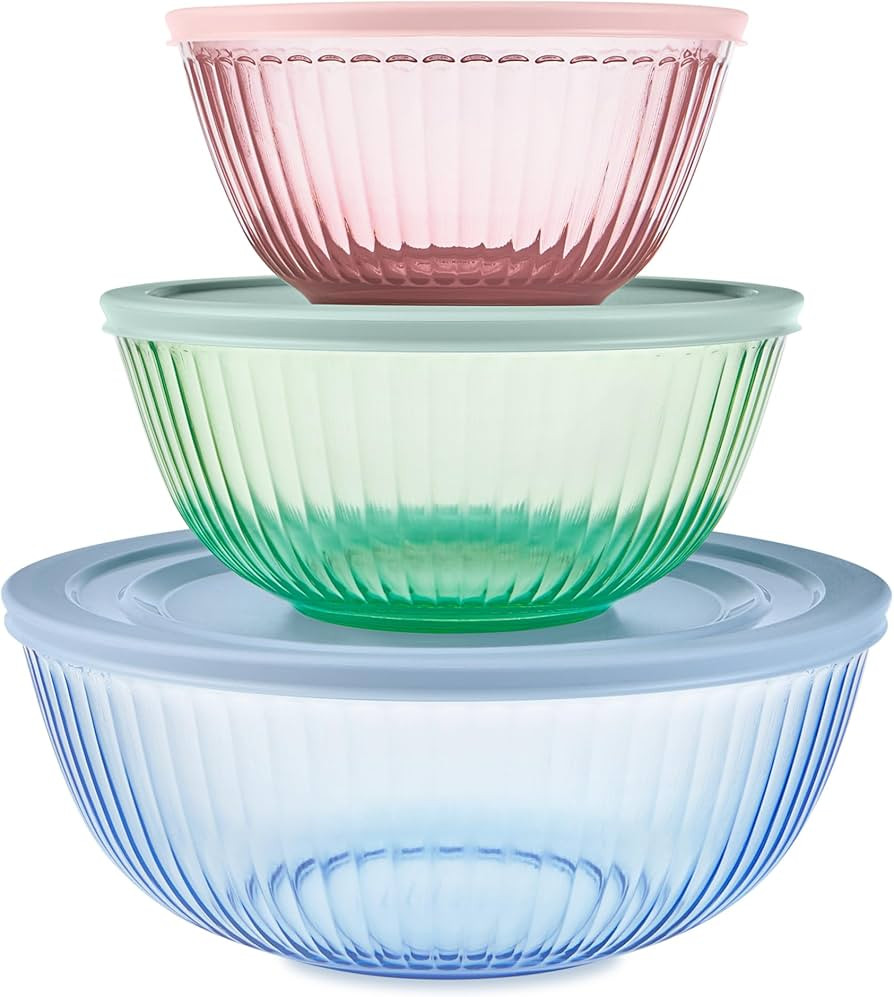 Pyrex Colors Tinted (3-Pack, Full Set) Sculpted Tinted Glass Mixing Bowls With Lids, Nesting Spac... | Amazon (US)