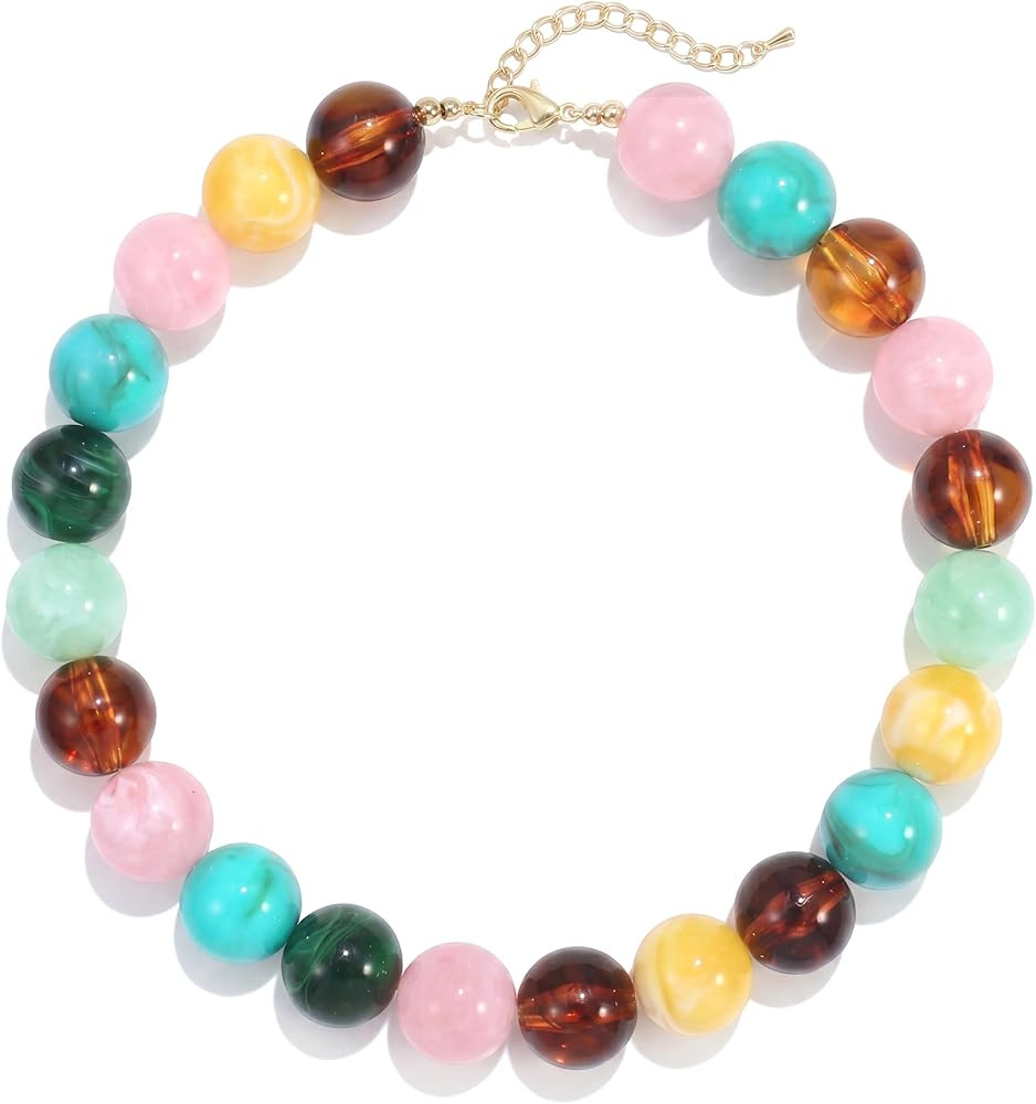 Colorful Chunky Beaded Necklace for Women, Acrylic Bead Statement Puff Ball Necklace, Cute Boho Y... | Amazon (US)