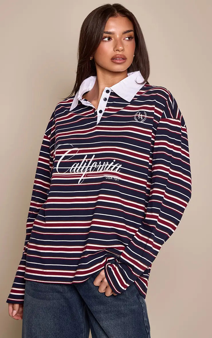 Navy California Print Striped Collar Detail Long Sleeve T-Shirt | PrettyLittleThing UK