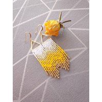 Handwoven Fringe Beaded Earrings. Yellow & Gold Boho Style Fringe. 14K Gold-Filled Earring Hooks. Mo | Etsy (US)
