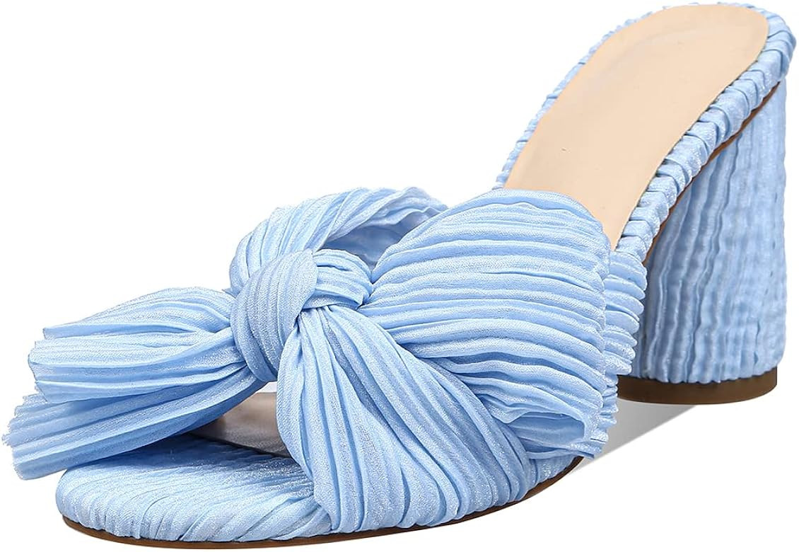 MICIFA Women's Bow Heeled Sandals Slip On Open Toe Block Chunky Heel Sandals Bride Wedding Dress Sho | Amazon (US)