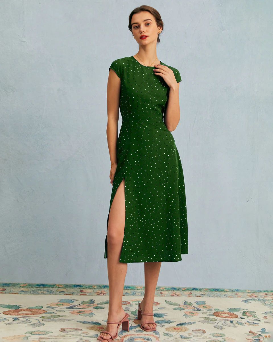 The Green Round Neck Polka Dot Cutout Midi Dress - Navy - Dresses | RIHOAS | rihoas.com