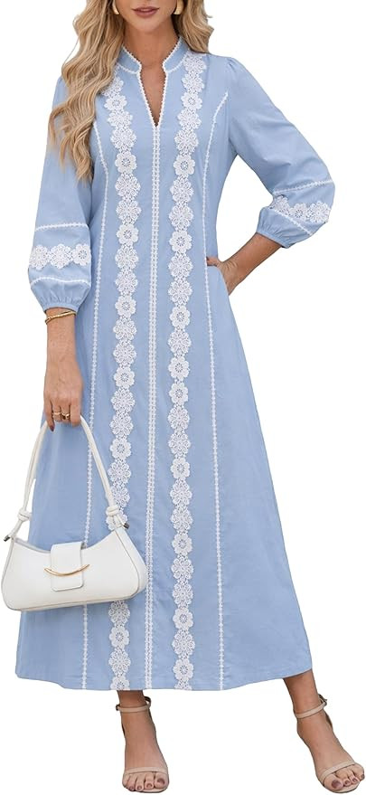 Women's Embroidered Lace Floral Tunic Dress 3/4 Puff Sleeve V Neck Midi Dress | Amazon (US)
