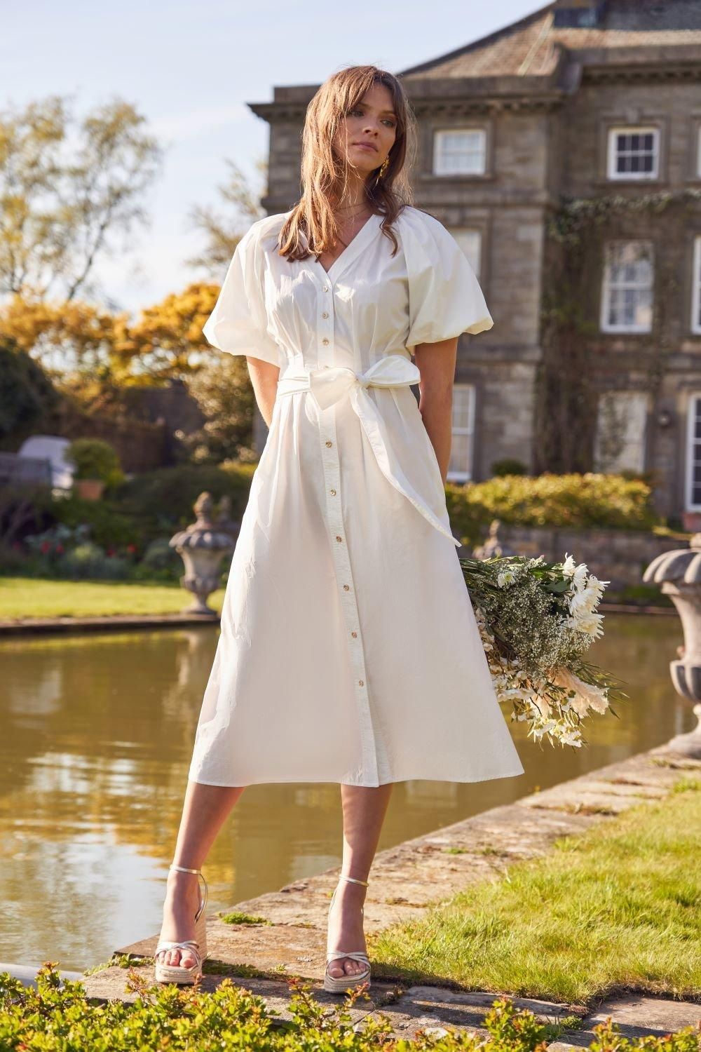 Dresses | Puff Sleeve Midi Dress with Tie Waist In White | ANOTHER SUNDAY | Debenhams UK