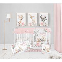 Baby Girl Woodland Crib Bedding Set, Set Girl, Animal Nursery Pink Floral Sheets | Etsy (US)