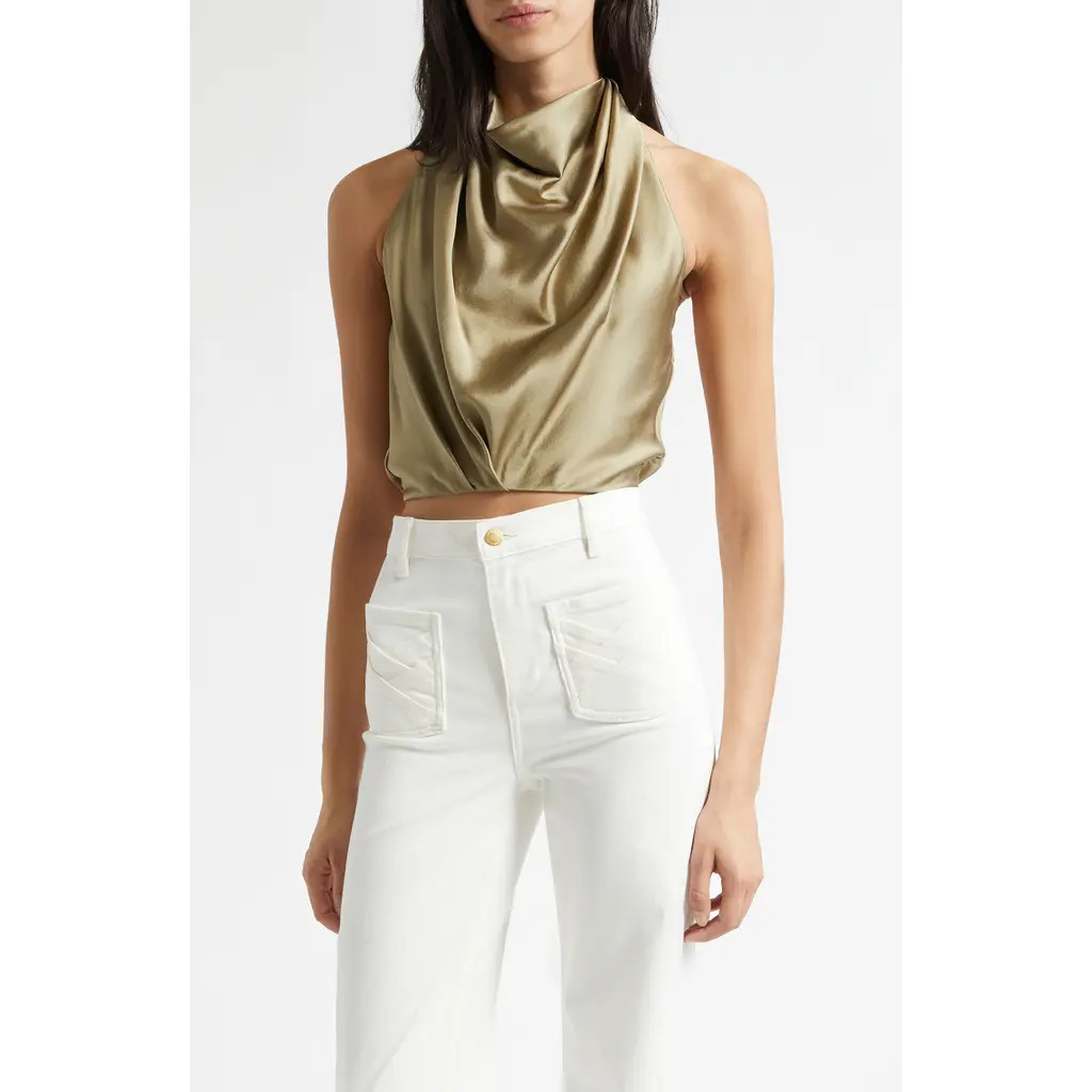 Ramy Brook Libbie Crop Stretch Silk Halter Top in Safari at Nordstrom, Size Xx-Small | Nordstrom
