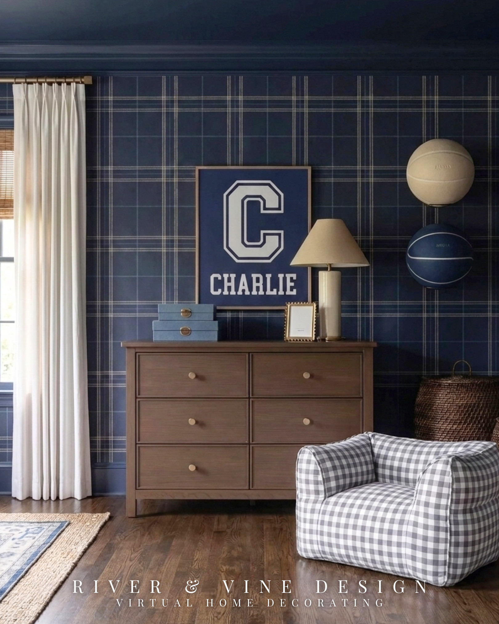 This is where the Ralph Lauren-for-kids story gets personal.

A custom varsity-style print, wall-mounted basketballs, and an oversized gingham chair bring in the child’s name and interests, while the navy plaid walls and warm wood dresser keep everything feeling polished. The mix of collegiate lettering, classic checks, blue storage boxes, and substantial furniture gives the room a distinctly preppy point of view—sporty, but far from a typical sports-themed bedroom.

The dresser handles the practical storage, the chair creates a comfortable spot to read or lounge, and the personalized details make the space feel entirely their own.

Tap through to see the dresser, gingham chair, lamp, storage boxes, personalized art, and accessories.

Ralph Lauren inspired kids room, preppy boys bedroom, personalized kids room, navy plaid wallpaper, gingham kids chair, sports bedroom decor, classic wood dresser, collegiate bedroom style

I may receive a commission from purchases made through my links.
 

 #LTKHome #LTKKids