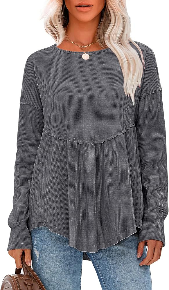 EXLURA Waffle Knit Long Sleeve Shirts for Womens Crewneck Loose Babydoll Tunic Tops Maternity Top... | Amazon (US)