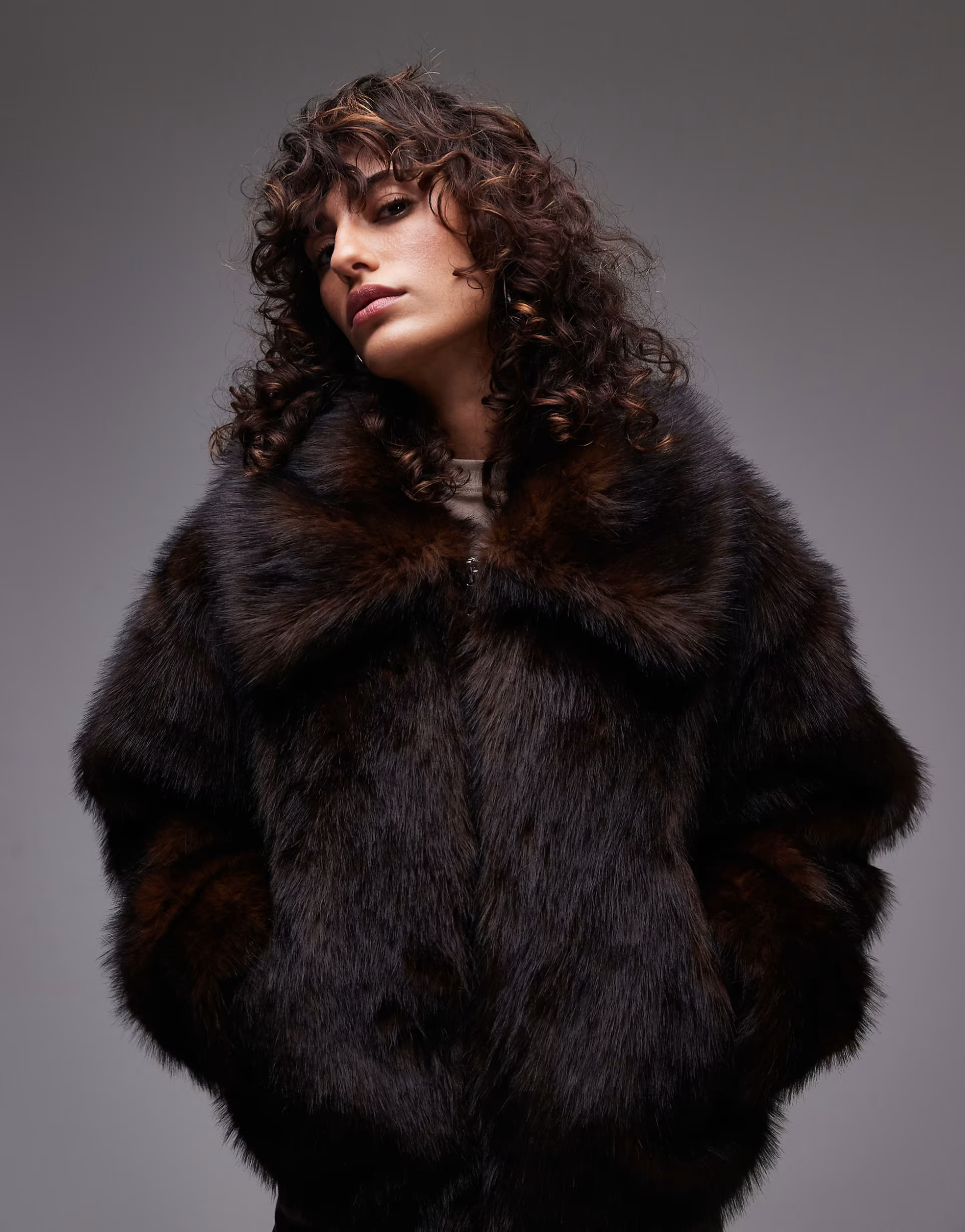 Topshop faux fur cropped bomber in brown | ASOS (Global)