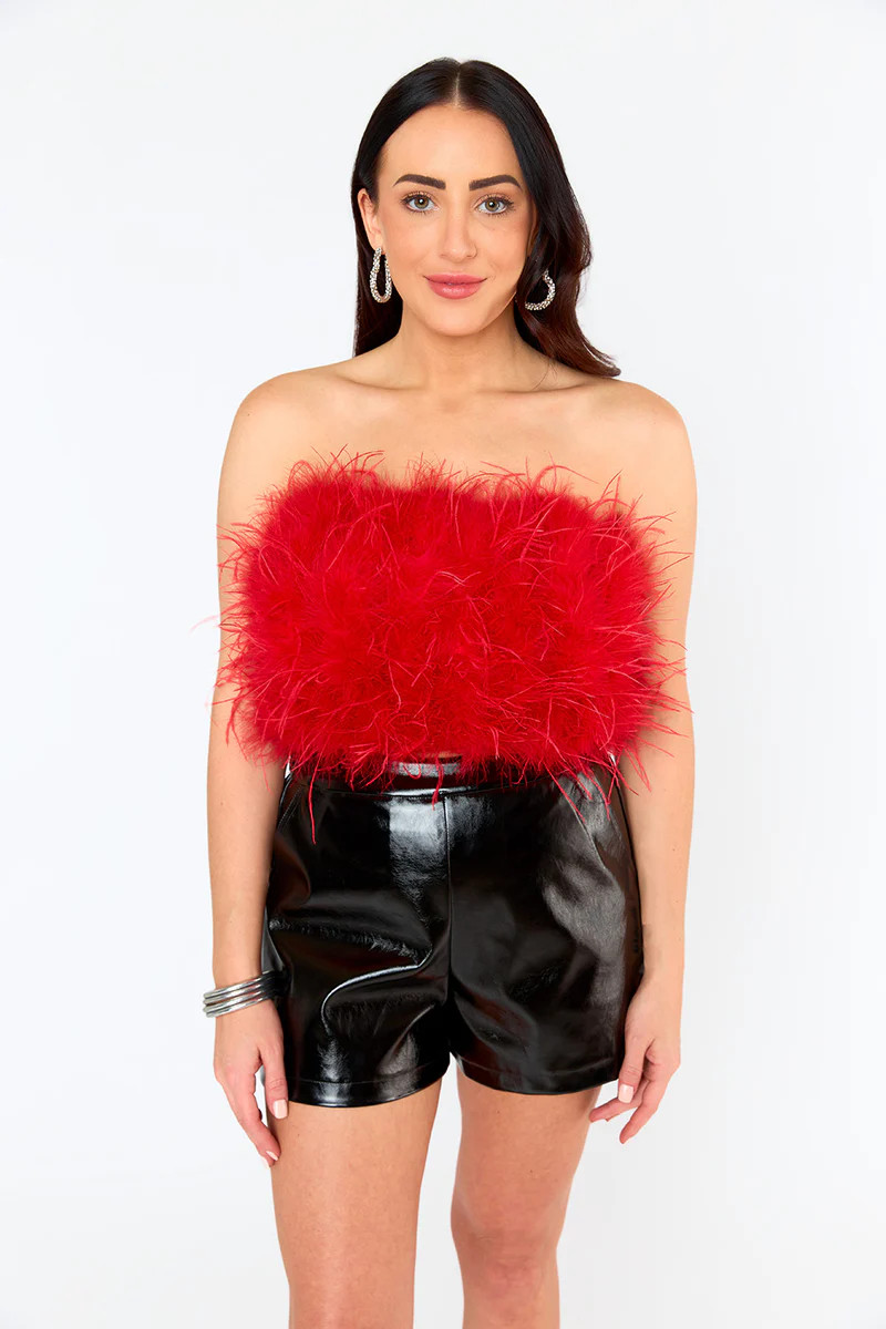 BuddyLove | Fancy Strapless Feather Crop Top | Crimson | BuddyLove
