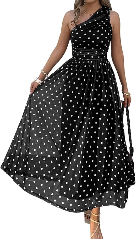 Women Summer One Shoulder Maxi Dress Sleeveless Ruched Mesh Long Beach Vacation Floral Sundresses... | Amazon (US)