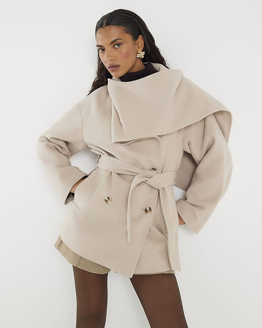 Beige Wool Blend Mid Length Scarf Coat | River Island UK & IE
