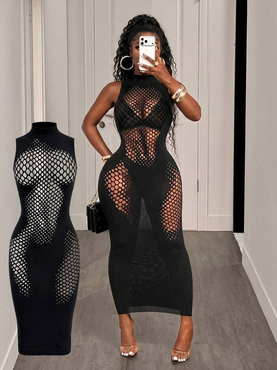 BamGleam Women's Stand Collar Sleeveless Hollow Out Design Sexy Mesh Dress Going Out Black Summer | SHEIN