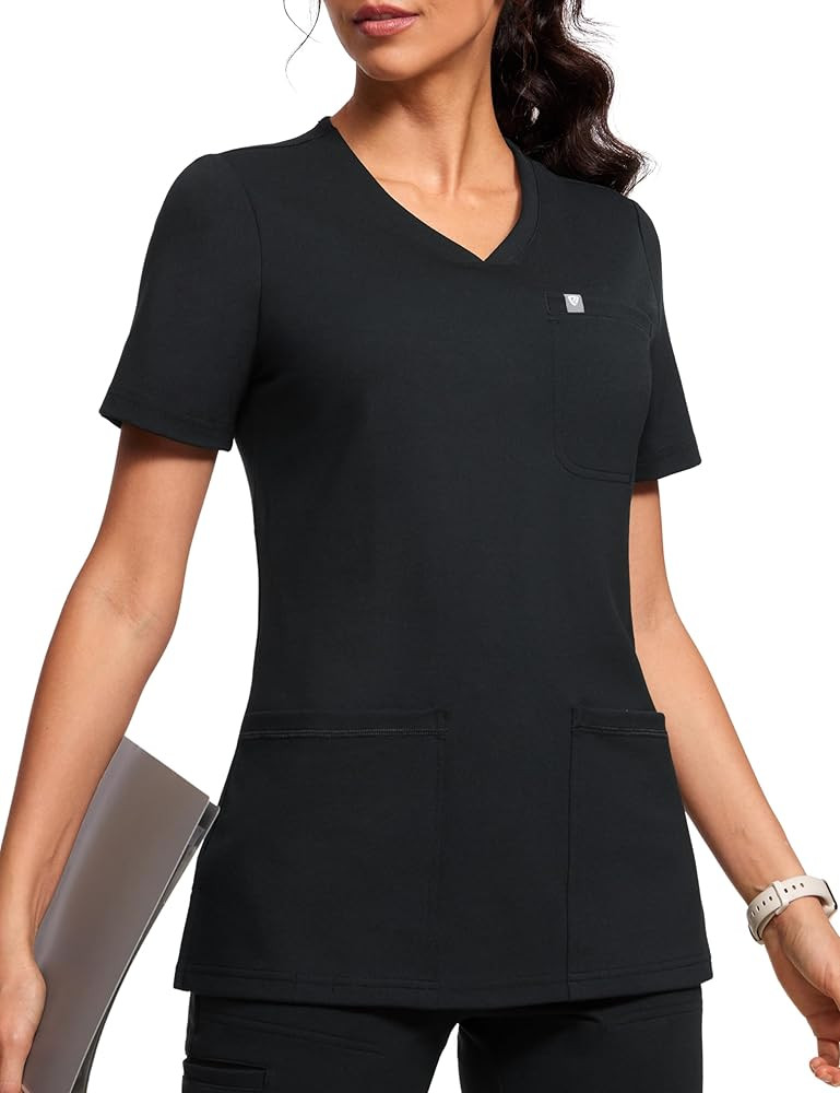 Scrubs for Women V-Neck Short Sleeve Stretch Medical Scrub Shirts with 4 Pockets Slim Fit Top | Amazon (US)