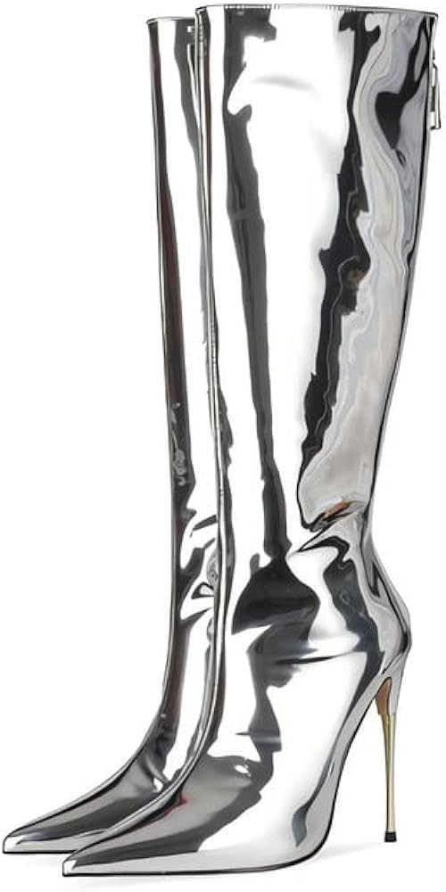 sexytag Women's Metallic Knee High Boots Stiletto Heel Pointed Toe Fashion Pull-on Back Zipper Tr... | Amazon (US)