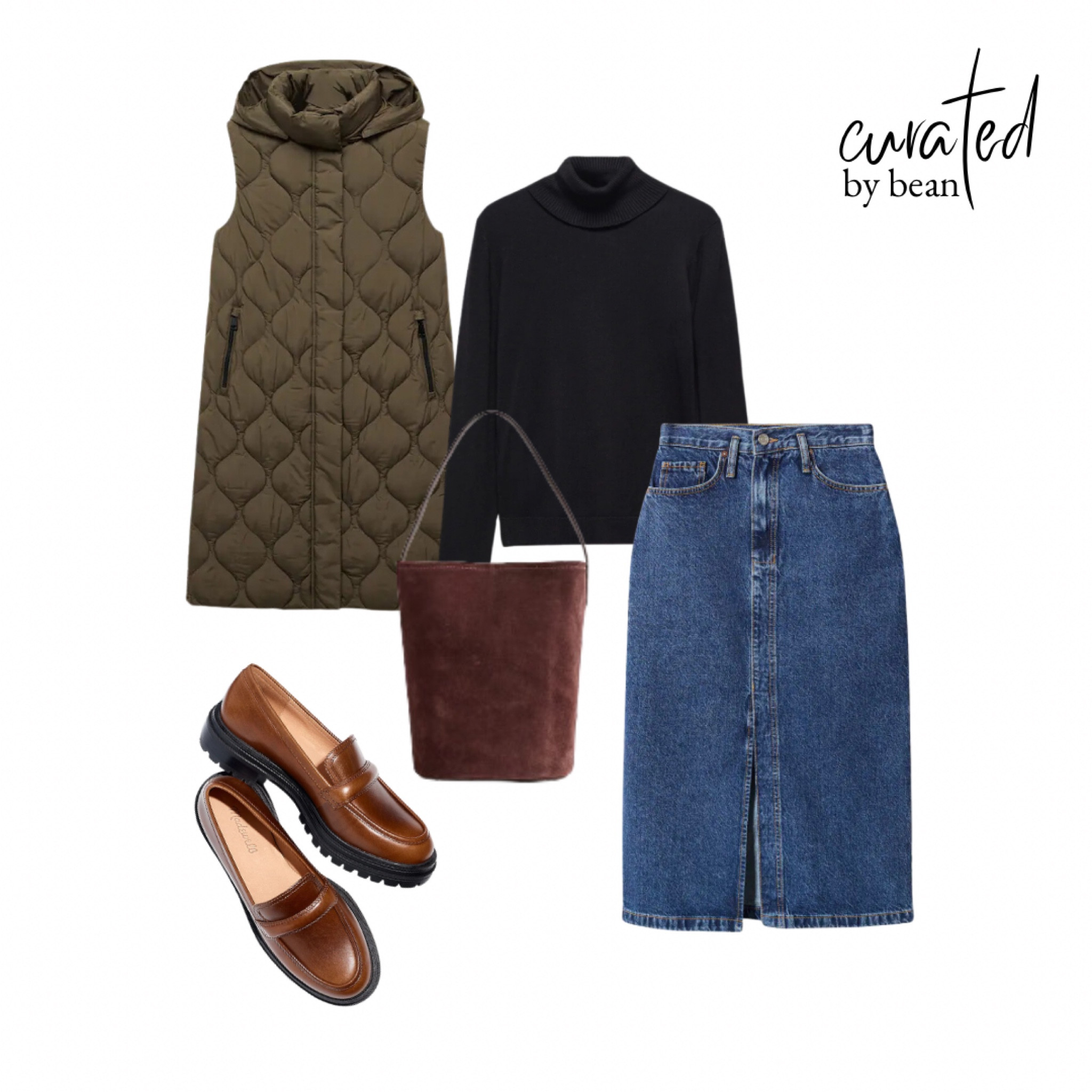 Denim maxi skirt. Denim skirt. Turtleneck. Puffer puffy vest gilet. Oversized vest. Fall fashion. Fall outfit. Loafers

#LTKxMadewell #LTKSeasonal