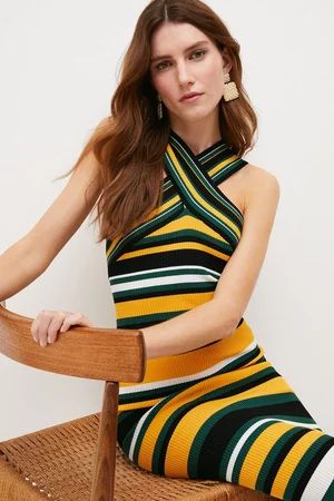 Rib Knit Cross Front Multi Stripe Midi Dress | Karen Millen US