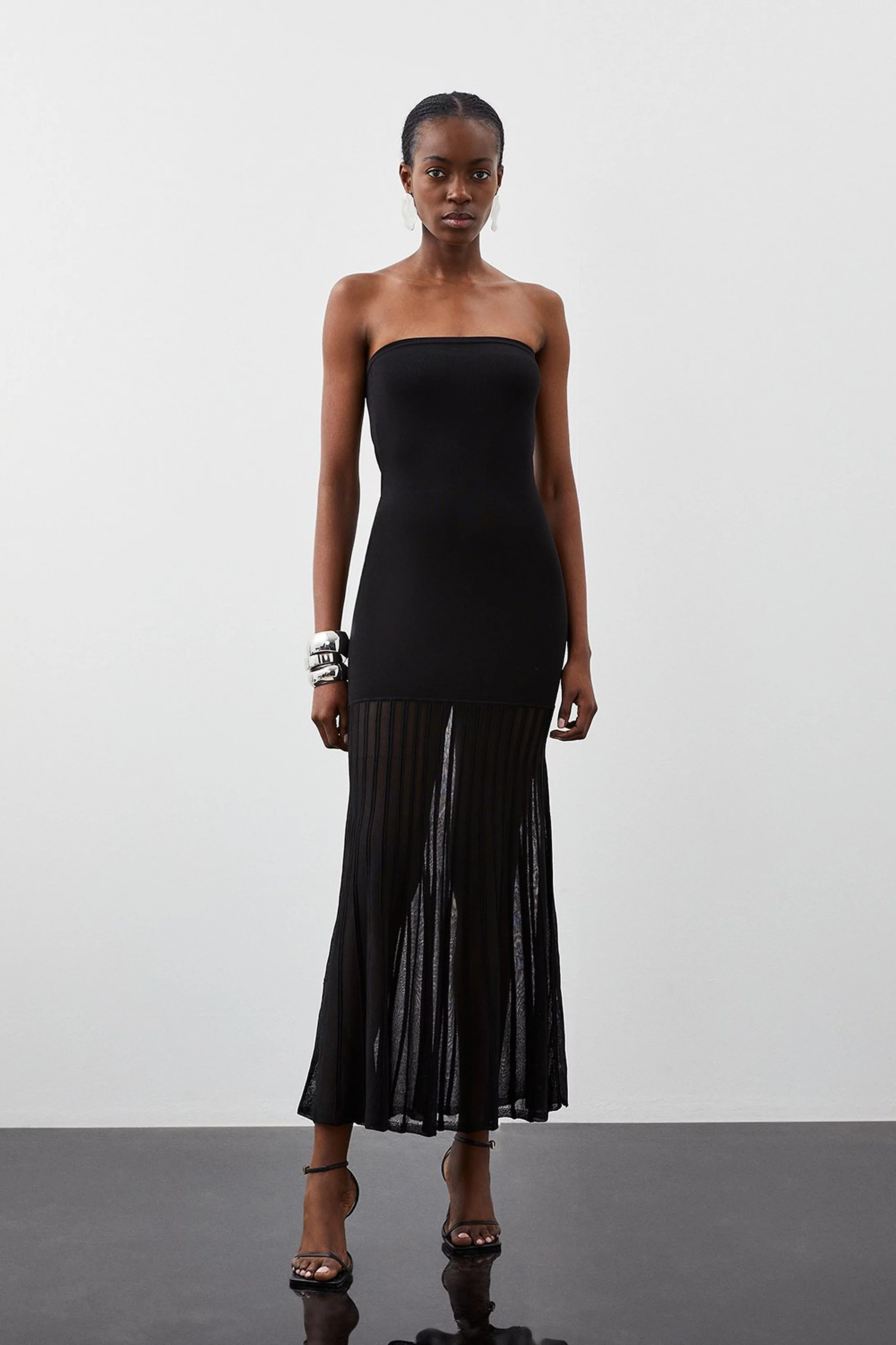 Viscose Blend Sheer Knit Bandeau Pleated Skirt Midaxi Dress | Karen Millen US