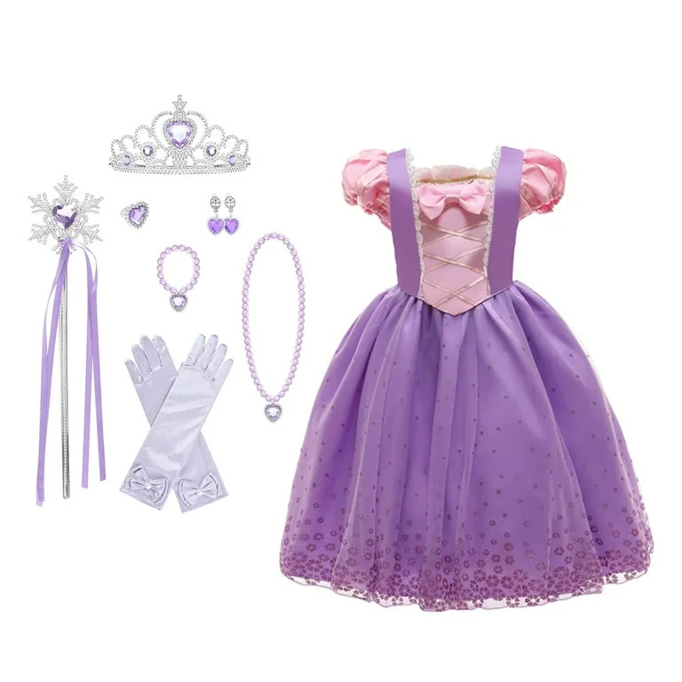 KAWELL Girls Rapunzel Dress Floor Length Puff Sleeve Princess Costume With Accessories | Walmart (US)