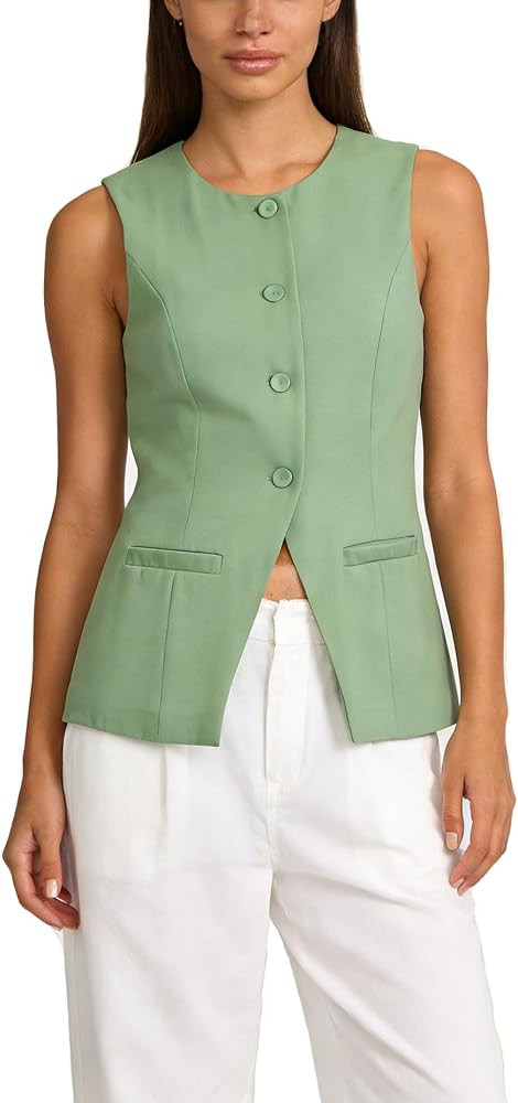 Womens Sleeveless Business Dressy Suit Vest Waistcoats Round Neck Solid Color Button Down Vest To... | Amazon (US)