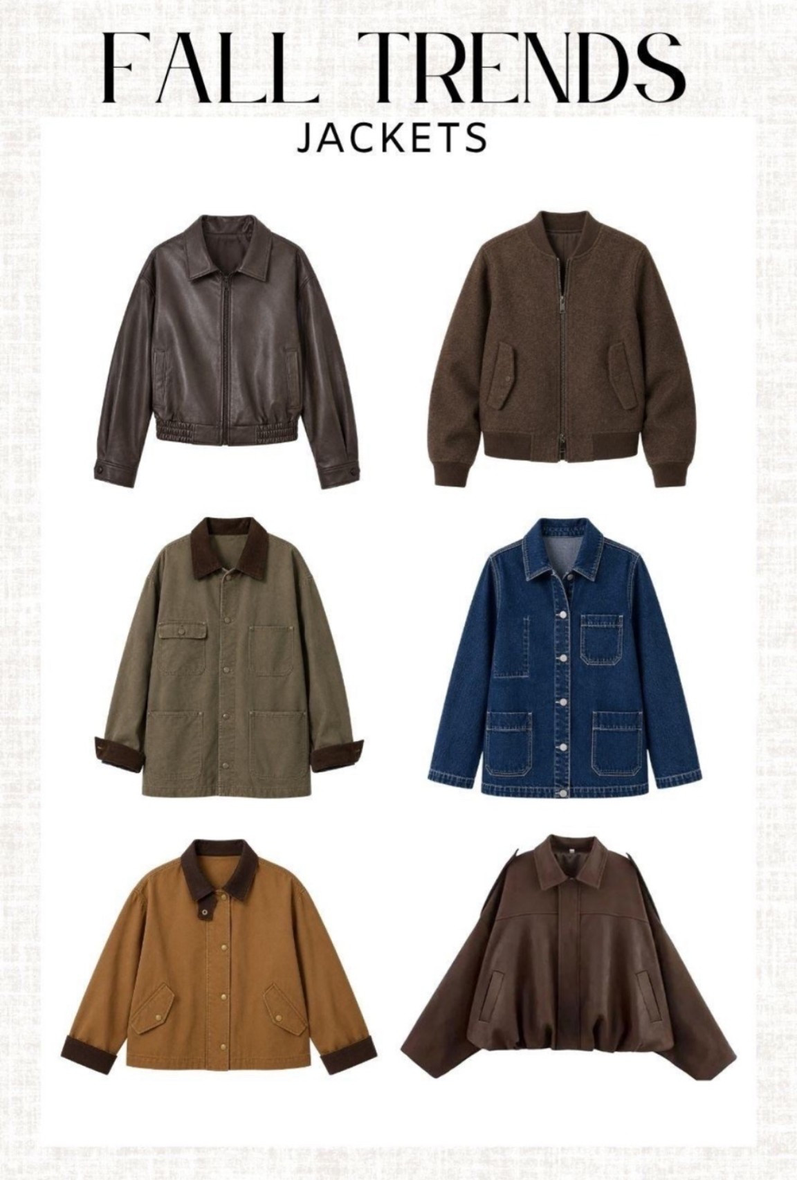 The jacket lineup every fall wardrobe needs 🤎 From faux leather and barn jackets to denim and bomber styles, these are the easy layers I’d throw over everything this season.

fall jackets for women, fall fashion 2026, barn jacket, bomber jacket, faux leather jacket, denim jacket, women’s outerwear, casual fall outfits, fall wardrobe essentials, trending fall fashion

#LTKActive #LTKTravel #LTKSeasonal