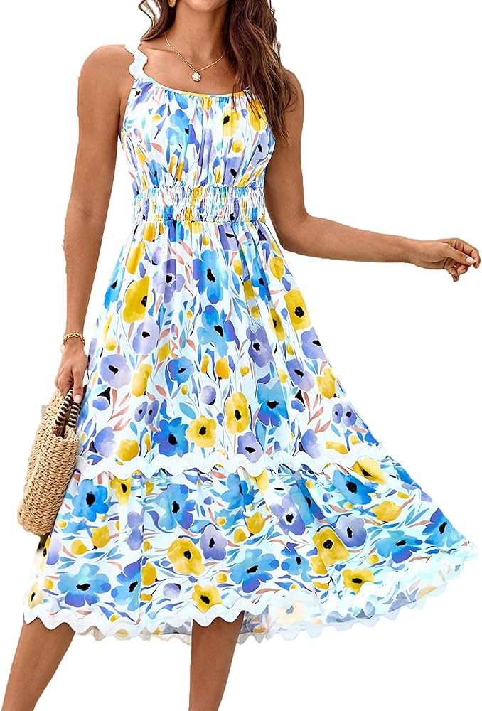 GRACE KARIN Womens 2025 Summer Floral Dress Casual Spaghetti Strap Flowy Outfit RIC Rac Trim Sund... | Amazon (US)