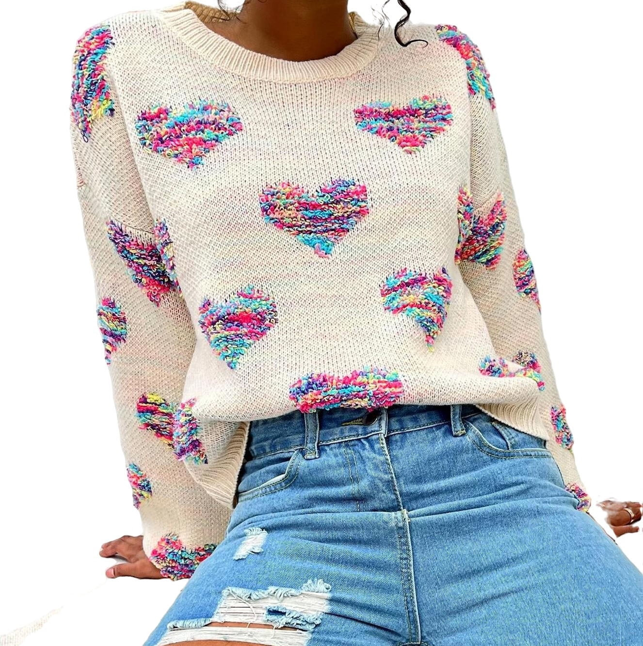 Womens Sweaters Casual Heart Round Neck Pullovers Apricot M | Walmart (US)