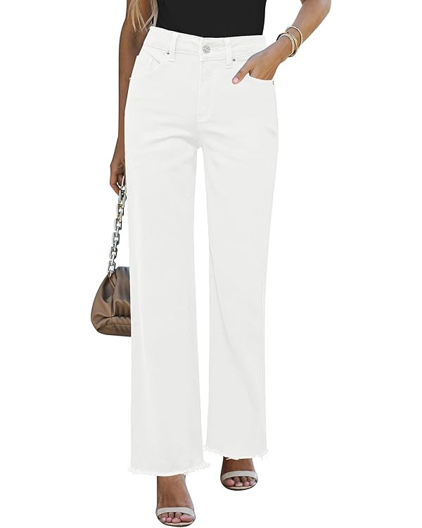 GRAPENT Straight Leg Jeans for Women High Waisted Stretchy Frayed Raw Hem Loose Denim Pants Casua... | Amazon (US)