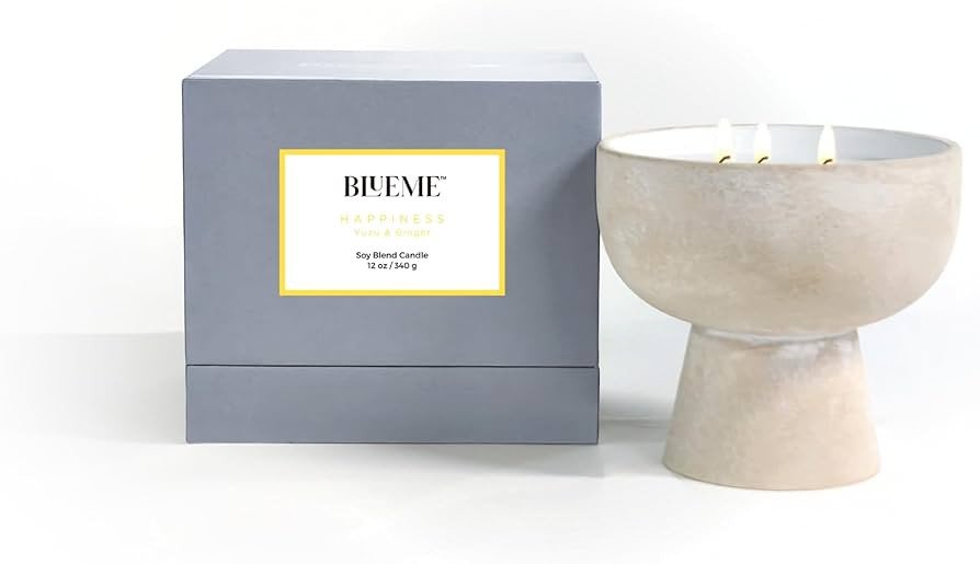 BLUEME Happiness - Yuzu & Ginger, Luxury Candle w/Essential Oils, 3 Wick, Hand-Poured Soy, Cotton... | Amazon (US)