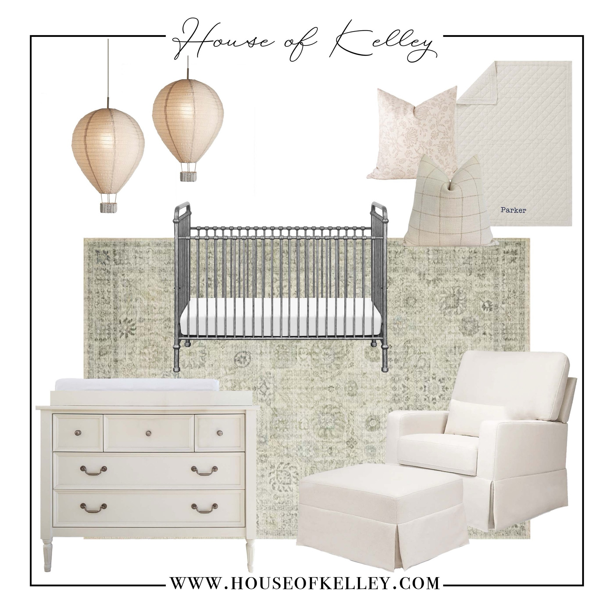 Gender neutral nursery, baby nursery, neutral baby room, baby furniture, nursery furniture, white baby room, silver crib, neutral rug, white changing table, white dresser, green rug, pottery barn furniture, iron crib, hot air balloon lighting, accent lighting, baby rocking chair, beige nursery glider, tan rocking chair, beige recliner, white nursery, nursery inspo mood board, neutral throw pillows, Etsy throw pillows, tan pillow, beige pillows, customized baby quilt, monogrammed blanket  

#LTKBaby #LTKBump #LTKHome