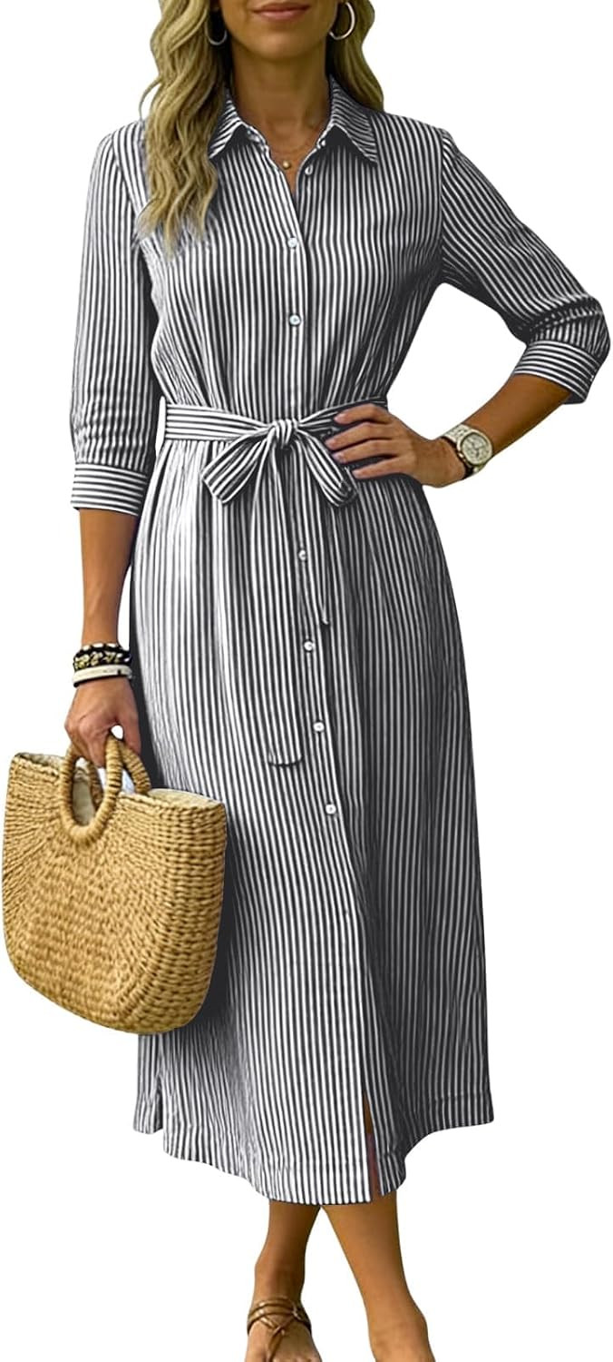 ebossy Women’s Boho Striped Belted Dress 3/4 Sleeve Button Down Side Slit Loose Mid Long Shirt Dress with Pockets | Amazon (US)